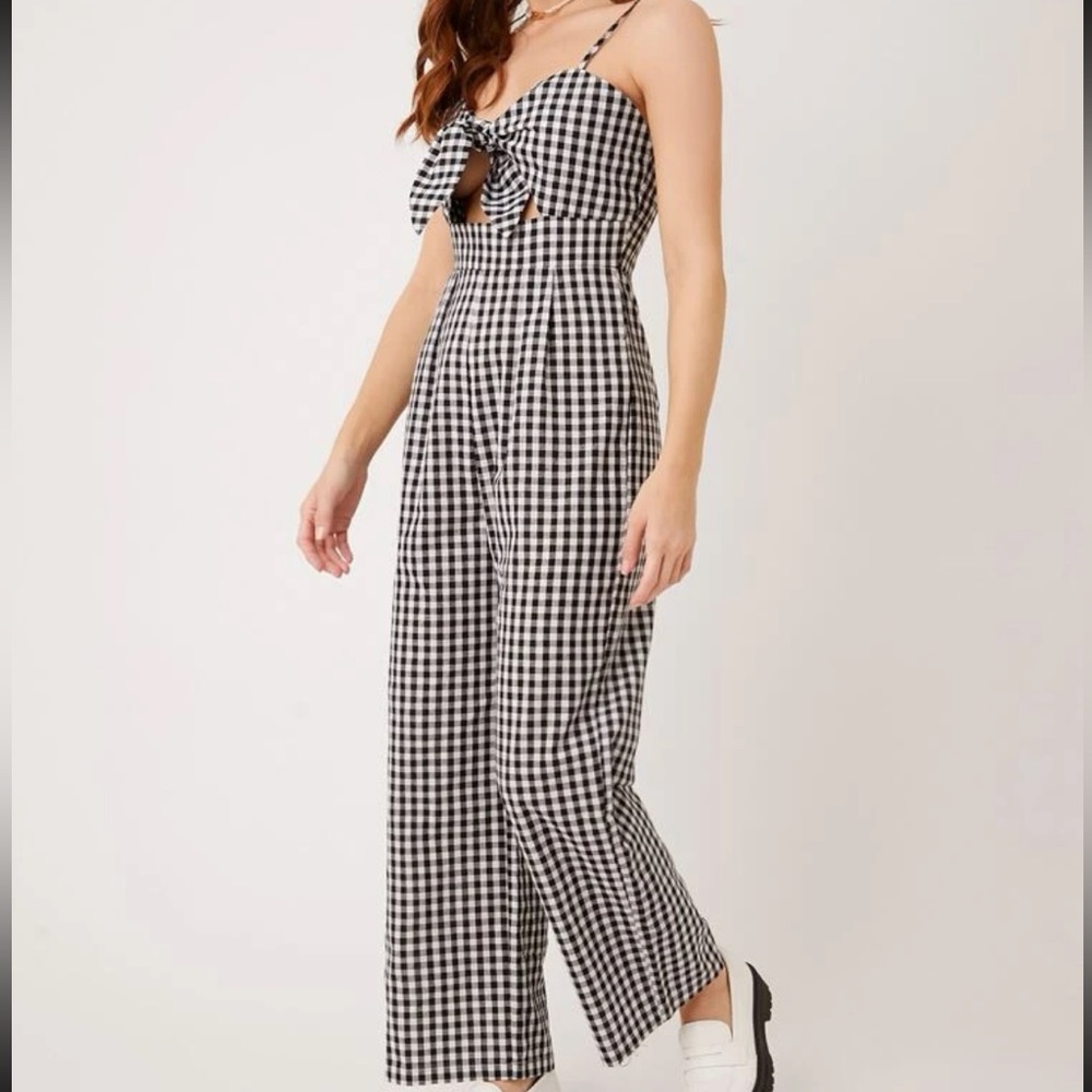 Classic Plaid Gingham Cut Out Tie Front Cami Jumper Jumpsuit - Picture 5 of 6
